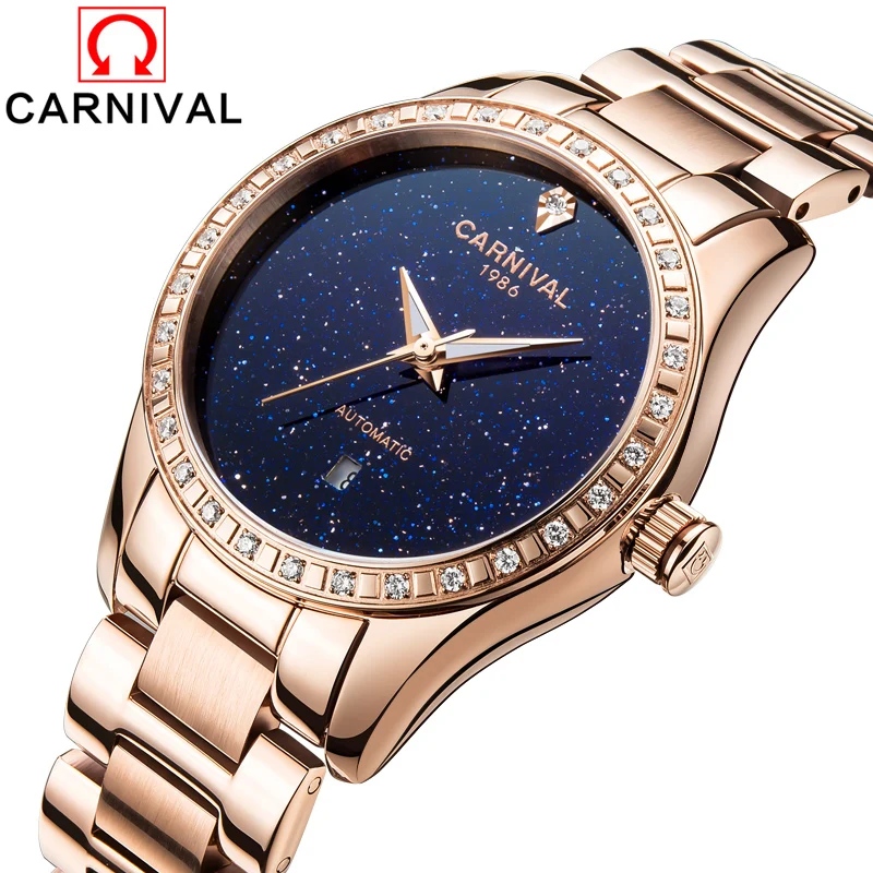 

Carnival Watch Women Automatic Mechanical Luminous Rose Gold Stainless Steel Waterproof Blue Dial Watches