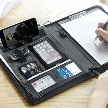 

Multifunctional leather file folder A4 zipper bag manager bag with ipad cellphone stand with elastic rigid USB fasterner 1105E