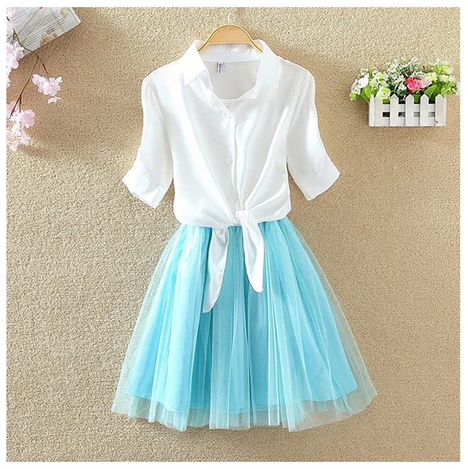 Shirt And Sling Tutu Dress Suit Women 2018 Summer Cute 2 Piece Dress Blue Pink Shirt And White Veil Dresses Plus Size 3XL 4XL (18)