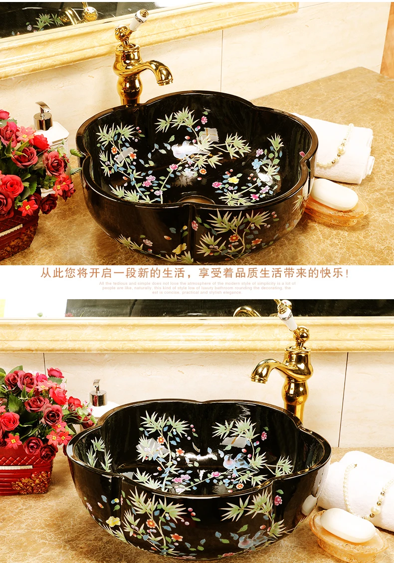 Flower and bird Art Basin Sinks Ceramic Counter Top Wash Basin Bathroom Vessel Sinks vanities new ceramic wash basin blue