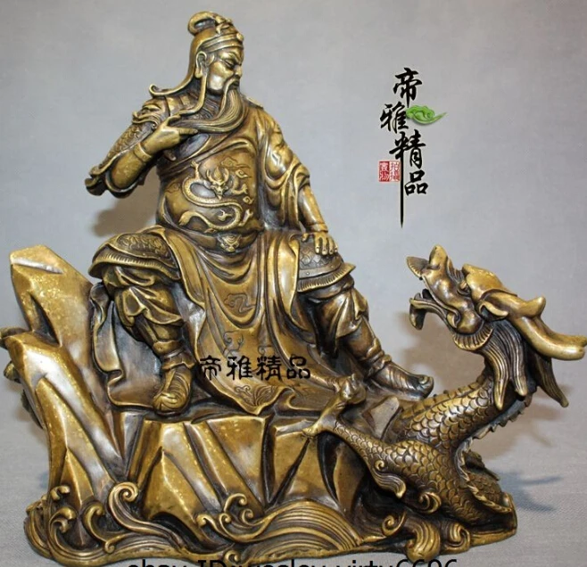

]China Bronze Copper Gild Warrior Guan Yu God Guan Gong Buddha Ride Dragon Statue