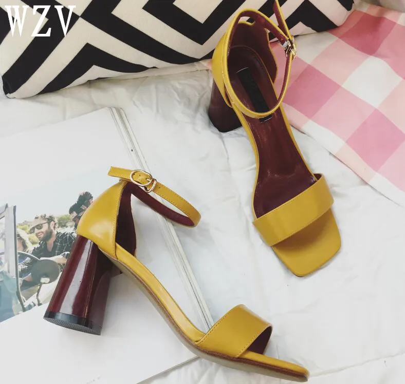Women Sandals Fashion Summer Chunky heels shoes woman Buckle Strap High Heels Lady Pump Woman Shoes Black white yellow E050 Women Sandals Fashion Summer Chunky heels shoes woman Buckle Strap High Heels Lady Pump Woman Shoes Black white yellow E050