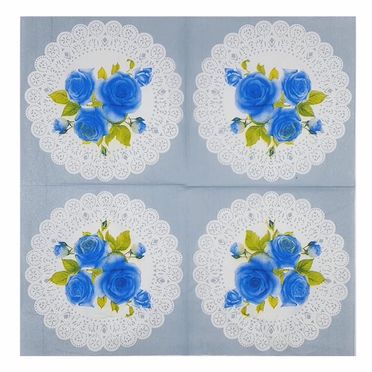 

20 Food-grade vintage table napkin paper blue tissue printed flower decoupage wedding party decor serviettes handkerchief