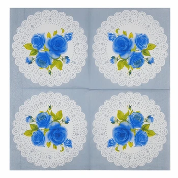 

20 Food-grade vintage table napkin paper blue tissue printed flower decoupage wedding party decor serviettes handkerchief