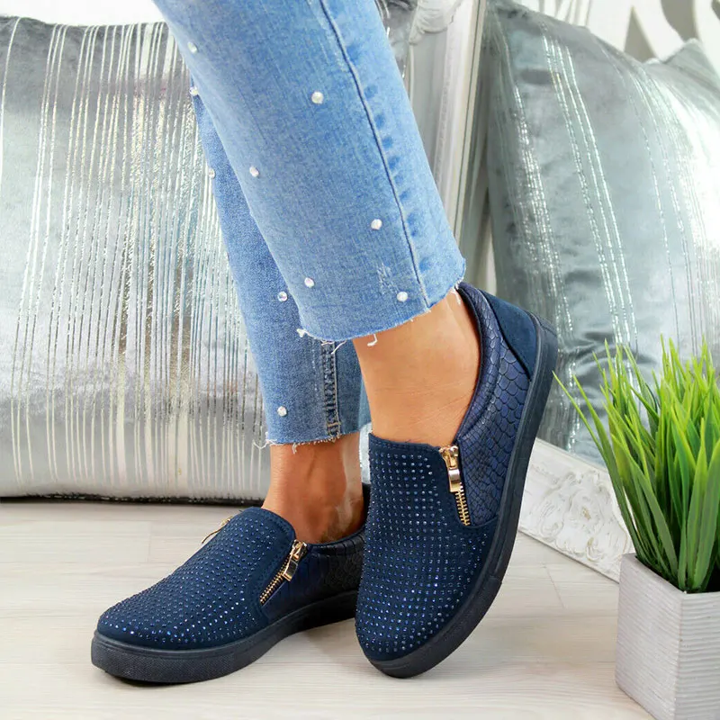 

Autumn Shoes Women Crystal Slip On Flat Loafers Zipper Embossed leather Ladies Glitter Platform Fashion Female Moccasins