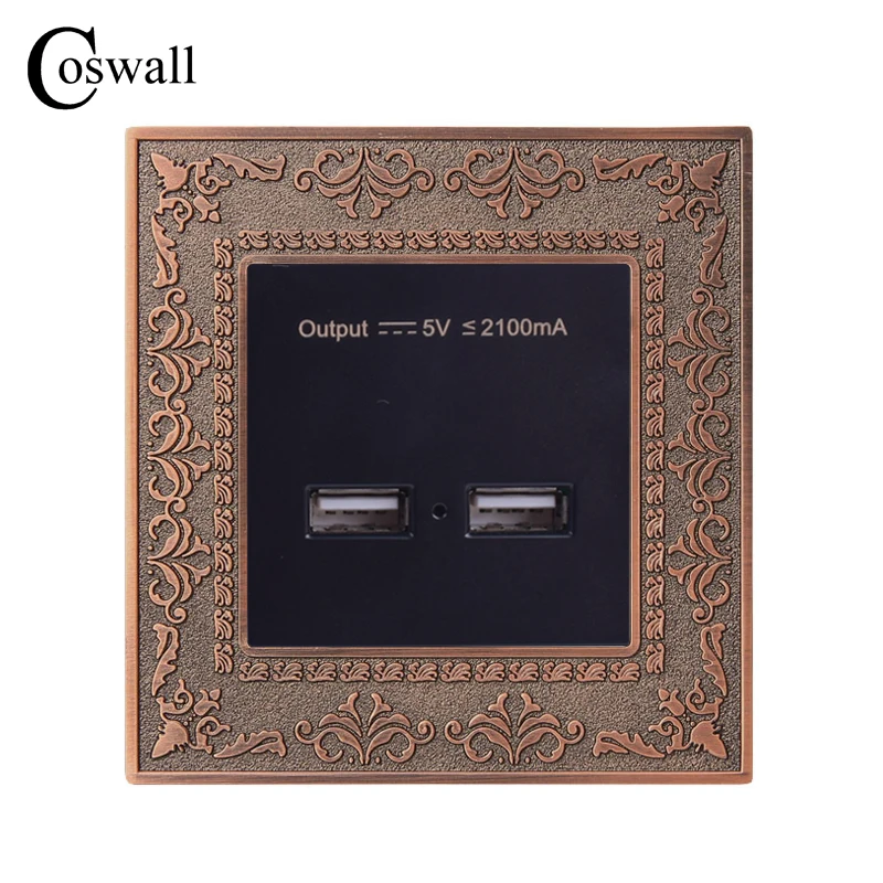 

COSWALL Wall Power Socket Smart Induction Dual USB Charging Port For Mobile 5V 2.1A Output Zinc Alloy Embossed Panel