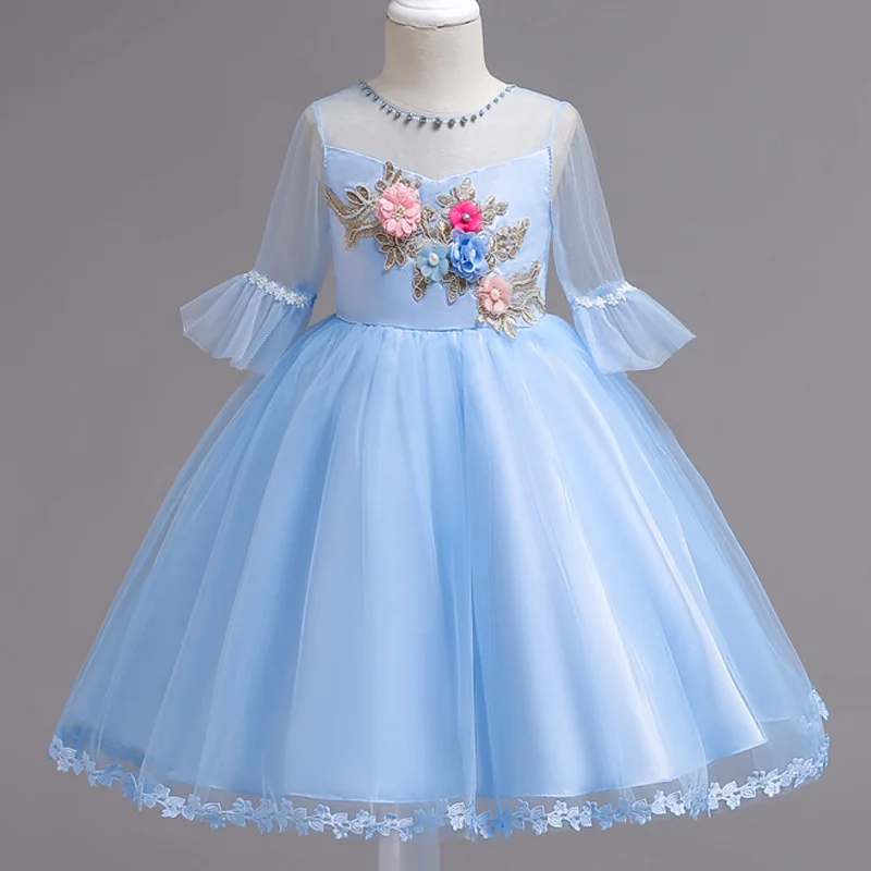 Летнее свадебное платье для девочек; элегантные Детские платья для дня рождения; Одежда для девочек; костюм принцессы Эльзы на Хэллоуин; платье; Vestidos - Цвет: Sky Blue