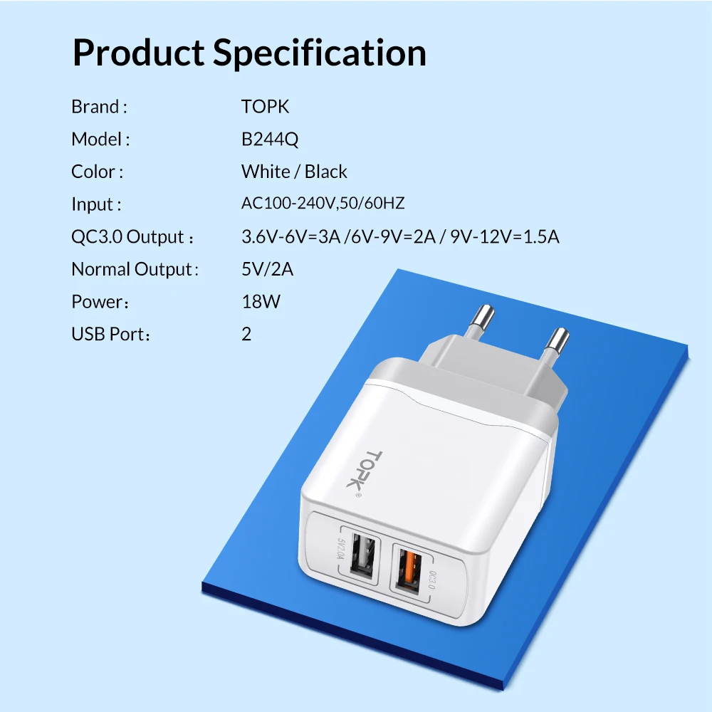 TOPK Quick Charge 3,0 28W QC 3,0 адаптер зарядного устройства с двойным USB EU вилка Дорожное настенное зарядное устройство для мобильного телефона для iPhone samsung Xiaomi