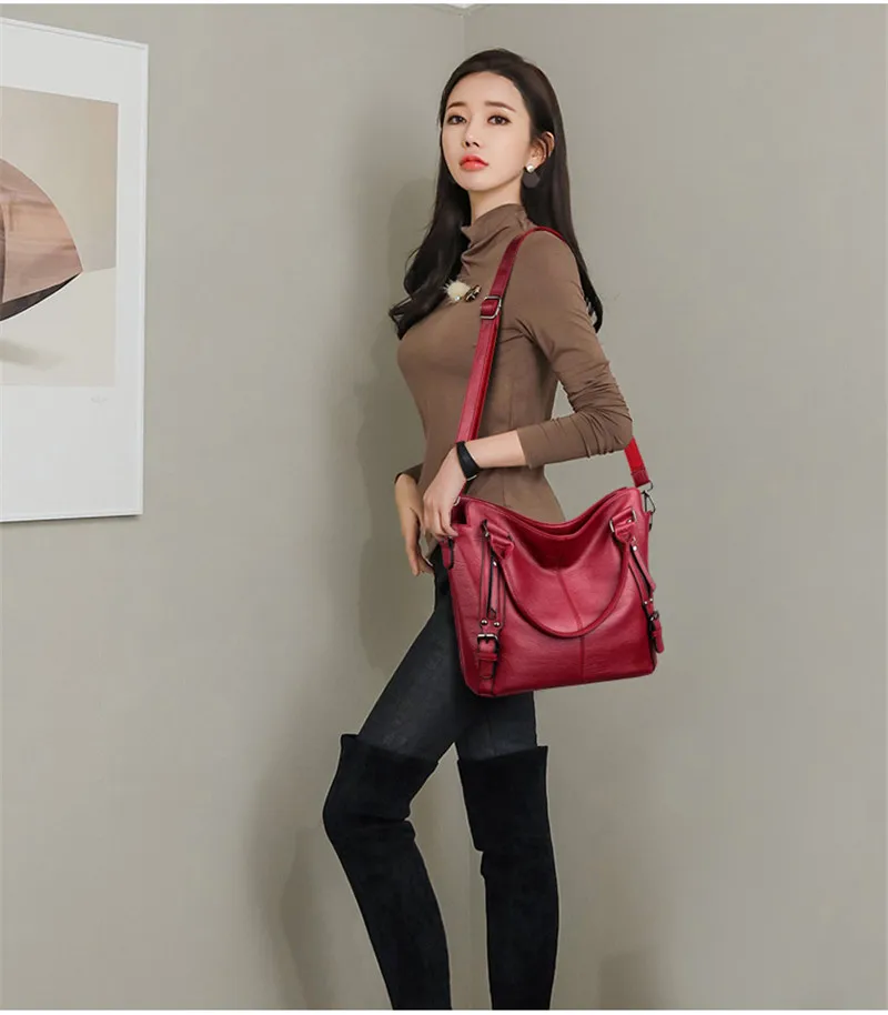 Брендовые элегантные женские сумочки большой вместимости, высококачественные кожаные сумки через плечо, женские повседневные сумки, одноцветные сумки с ремнем и ручками