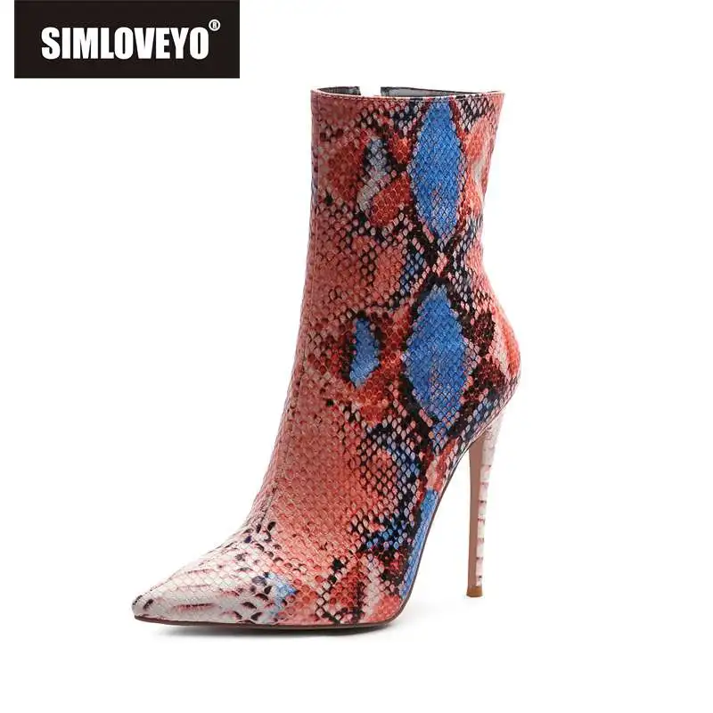 

SIMLOVEYO size 33-45 snake pattern boots women pointed toe thin high heels mixed color zipper party short autumn winter bootie