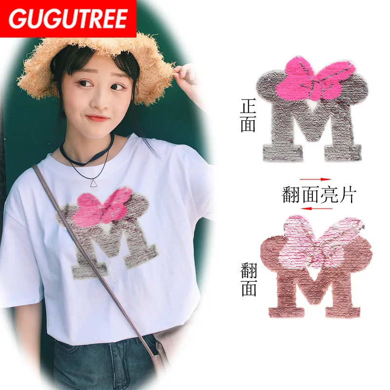 

GUGUTREE embroidery Sequins big bowknot patches M patches badges applique patches for clothing XC-137