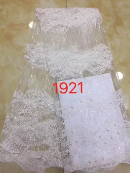 

High Quality African Lace Fabric White 2019 New French Nigerian Tulle With Sequins Lace Fabrics Pink 5yards For Party Dress A990