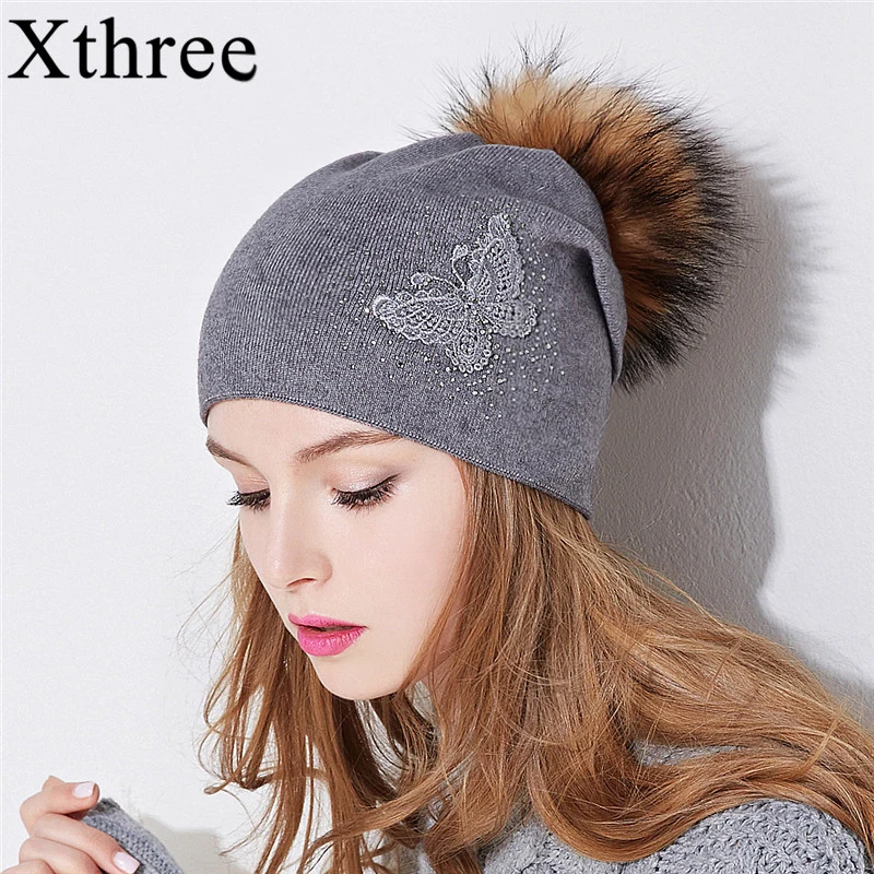 Xthree new Rhinestone embroidery Winter Wool Knitted Hat for Women Beanie Skullie Warm Cap Real Fur Pom Gorro Female Cap 2