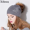 Xthree new Rhinestone embroidery Winter Wool Knitted Hat for Women Beanie Skullie Warm Cap Real Fur Pom Gorro Female Cap 2