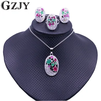 

GZJY Luxury Bridal Jewelry Oval Gold Color Charm Zircon Pendant Necklace Earring Ring Set For Women Fashion Wedding Party Gift