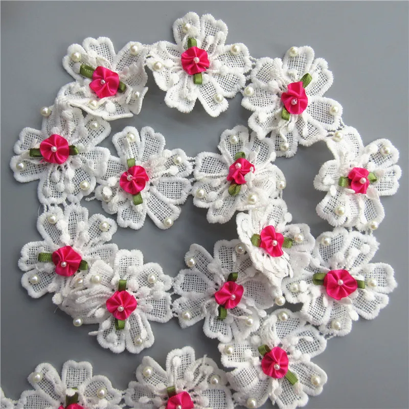 

1 yard 5.5cm White and Rose red Cotton Flower Pearl Embroidered Lace Trim Ribbon Sewing Supplies Craft For Costumes Decoration