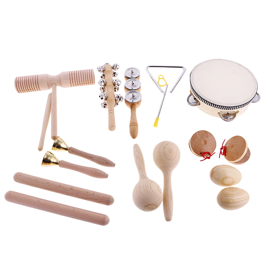 Hand Percussion Set Shaker Bell Sand Maraca Eggs Hammer Shaker Sound Guiro Rhythm Stick Wooden Eudcational Toys