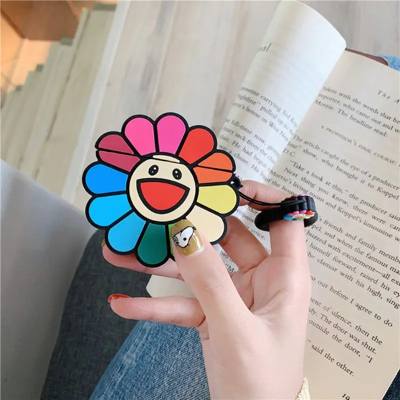 

Protective Cover for Airpods 1/2 Charging Box Fashion Cute Colorful Flowers Soft Silicone Shockproof Case Skin With Lanyard