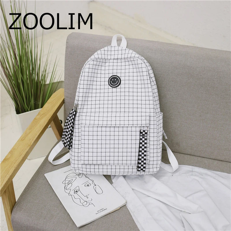 Online XIDIONE Harajuku Brief Grid Backpack White Black Women Travel Ribbon Smile Backpack Students Canvas Double Shoulder Bag Mochila