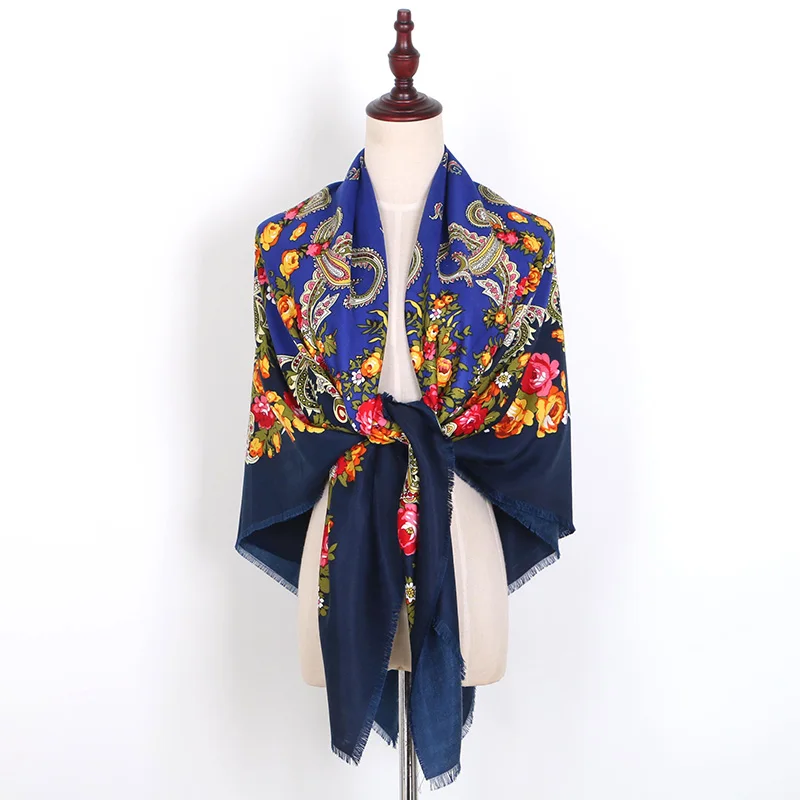 [FAITHINK] 140 см женский квадратный шарф для поездок, шаль, Женская традиционная дизайнерская накидка с цветочным рисунком, зимнее теплое пончо, хлопковый шарф - Цвет: JM63-dark blue