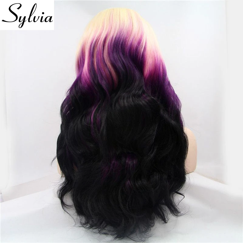 Sylvia блонд к темно-фиолетовым объемные локоны переливчатого цвета синтетические парики на шнурках спереди бесклеевая термостойкая волоконная волоска для белых женщин