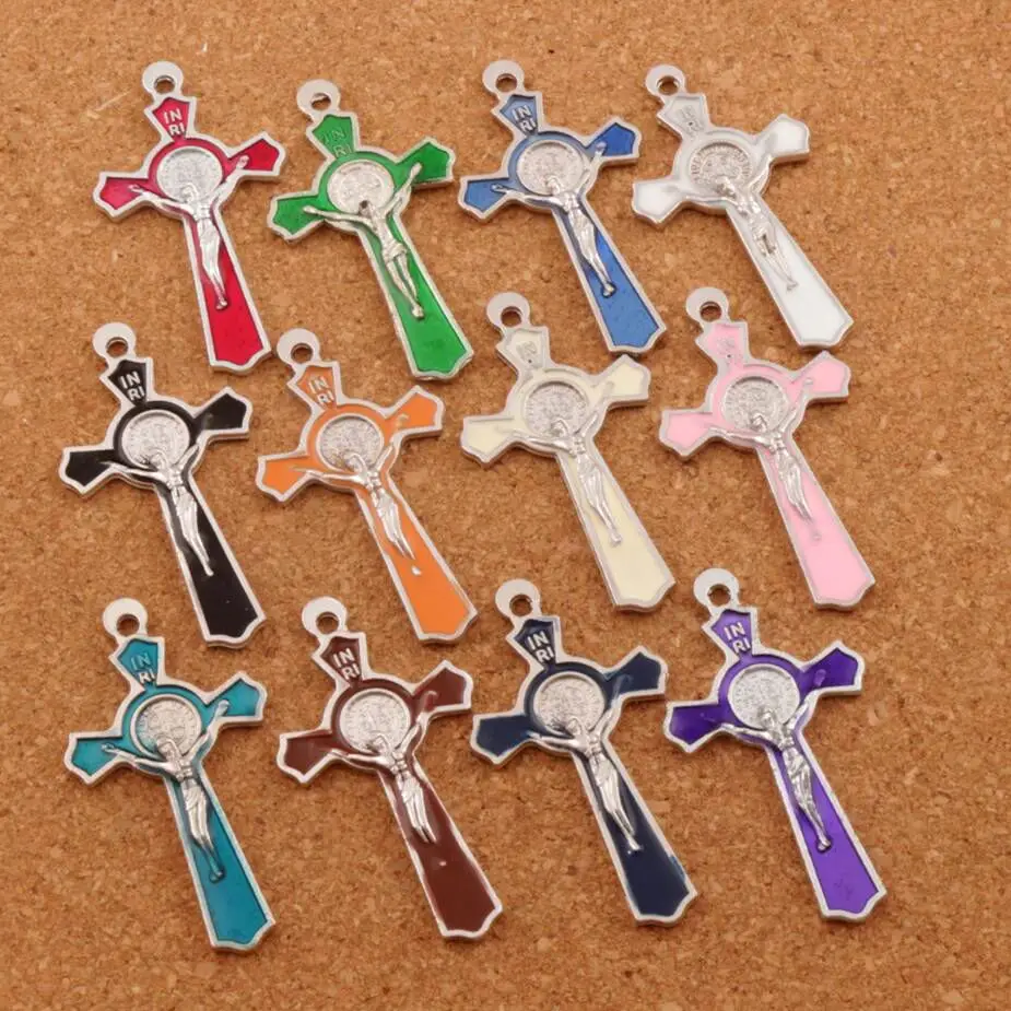 12 colores crucifijo esmalte medalla Benedict Santa Cruz encanto cuentas 64 Uds 51x27mm de dos colgantes de la joyería DIY L423|jewelry diy|charm beadsbeads beads - AliExpress