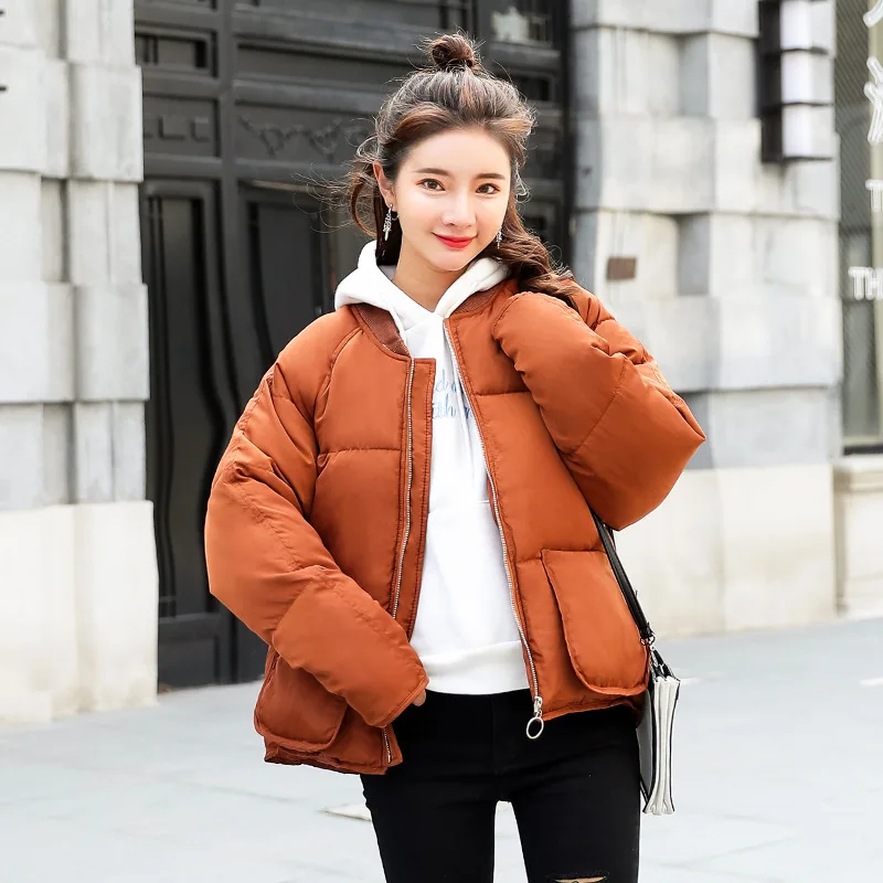 

Women's winter down jacket with simple three-dimensional pockets, short solid color, small cotton jacket slim cotton coat