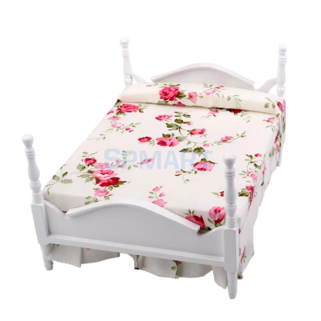 SPMART 1/12 Scale Dollhouse Furniture Miniature Floral Princess Bed in