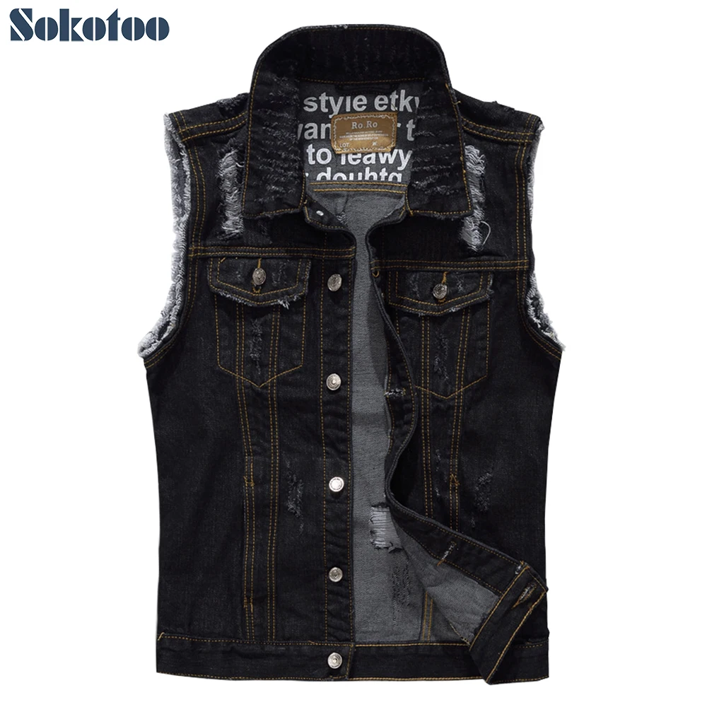 

Sokotoo Men's sleeveless ripped black denim vest Plus size holes distressed fringe tank top Waistcoat