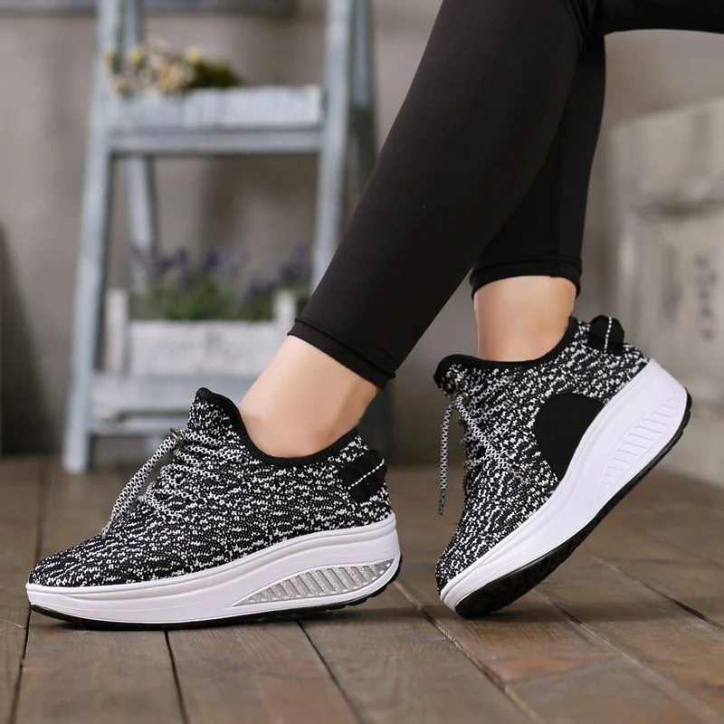 

Women Breathable Mesh Lace Up Shoes Height Increasing Rocking Shoes Toning Sports Wedge Sneakers Platforms