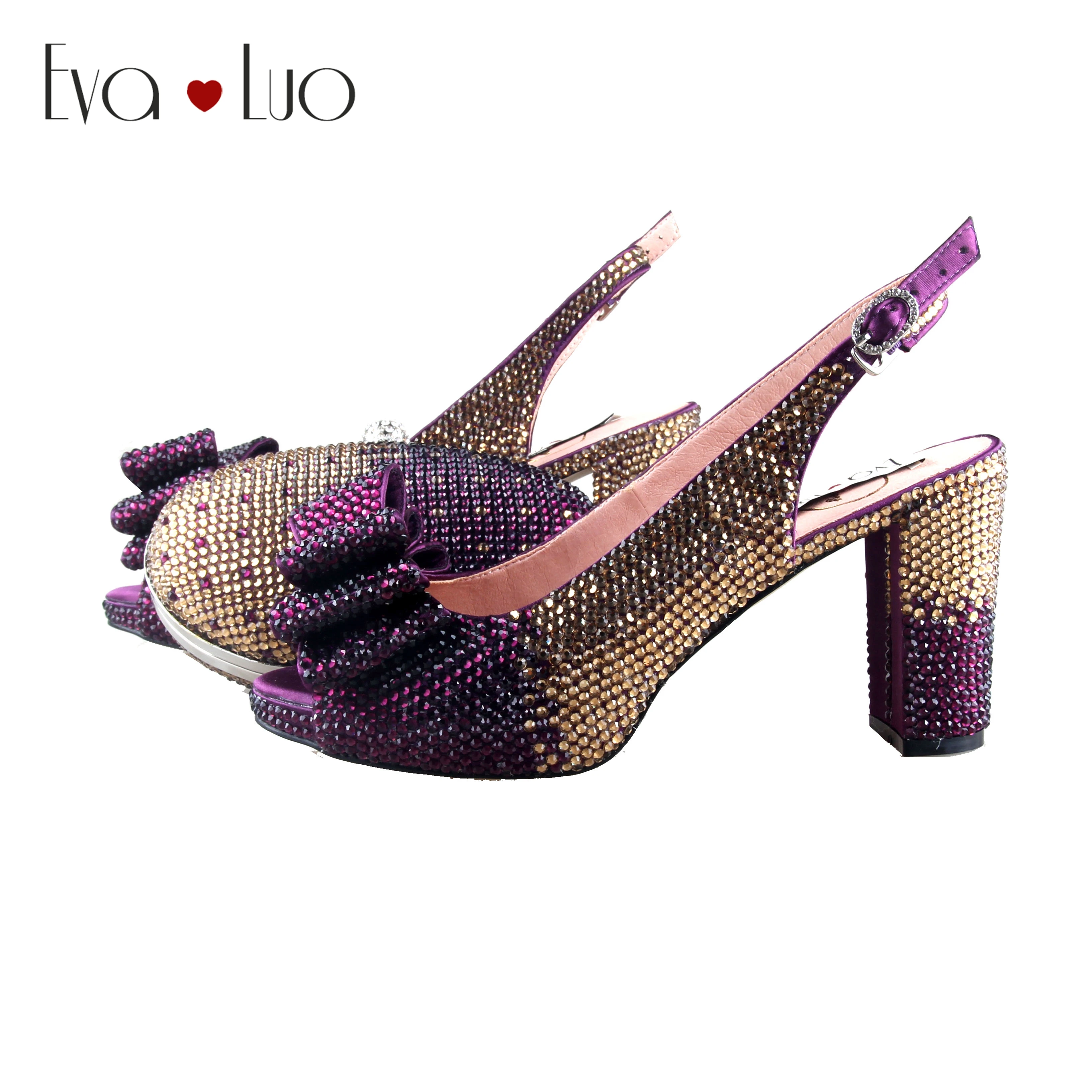 

BS1031 DHL Custom Handmade Gold Purple Crystal Bow Shoes with Matching Bags Set Slingbacks Block Heel Women Bridal wedding Shoes