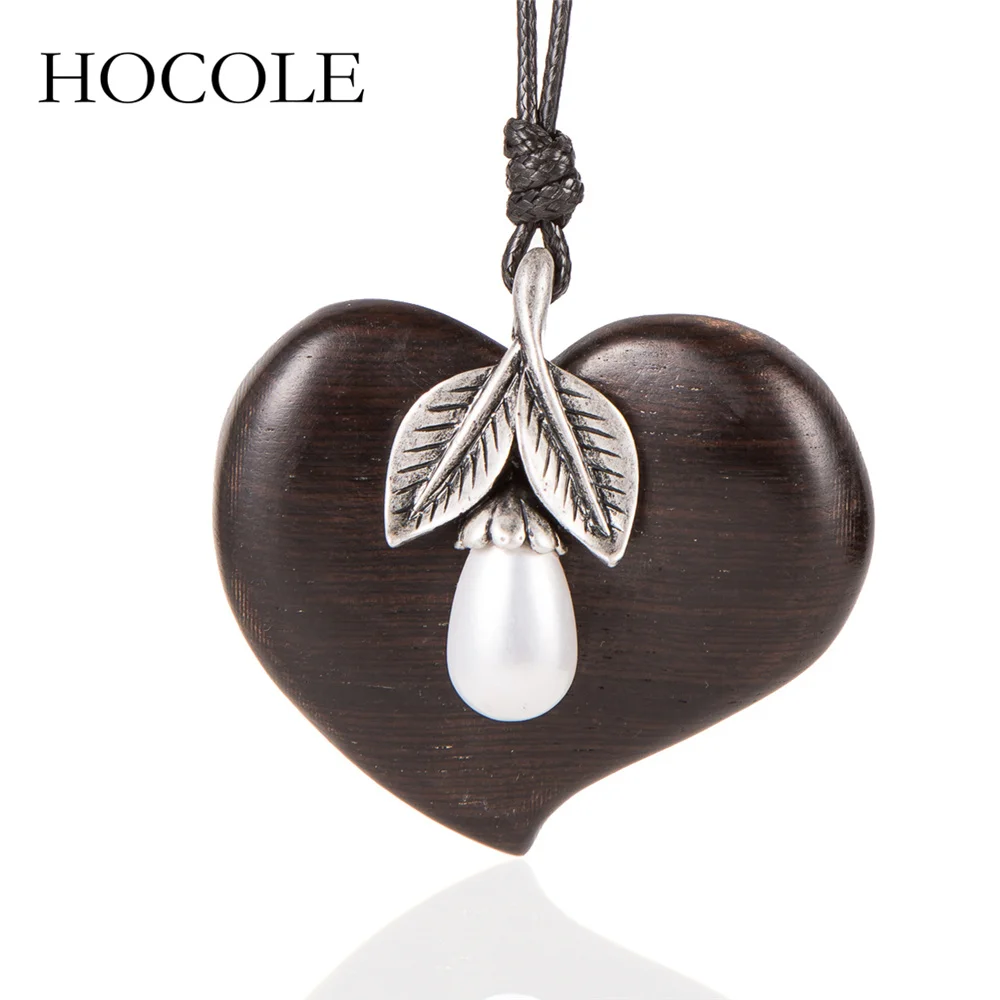 

HOCOLE Handmade Love Heart Wood Pendant Necklace With Simulated Pearl Leather Rope Long Necklace Women Jewelry Mother's Day Gift