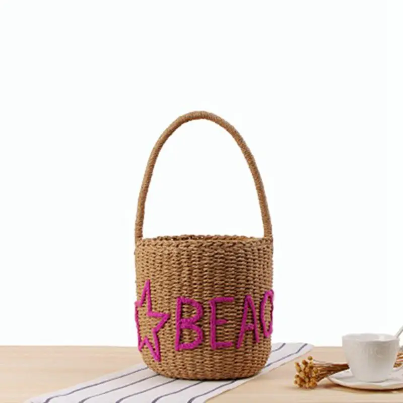 

College style new hand embroidered five-star letters bucket bag simple beach wild cylinder straw bag