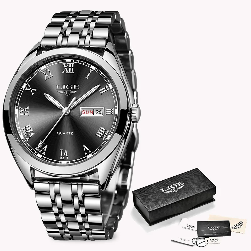 Новые LIGE мужские часы Топ бренд класса люкс мужские военные спортивные часы мужские s Нержавеющая Сталь Водонепроницаемые часы кварцевые часы Relogio+ коробка - Цвет: Silver black