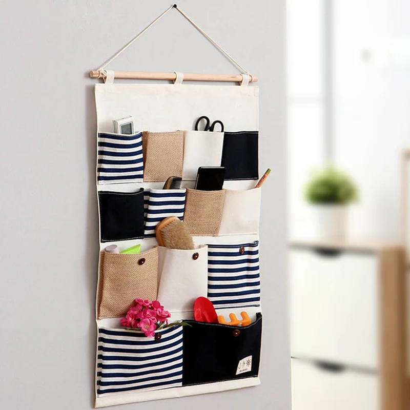 Pocket Wall Hanging Organizer Bag Striped Linen Multi Layer Holder