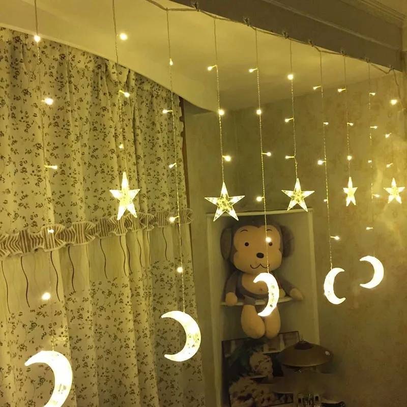 

110V 220V 2.5M LED Star Moon Curtain Light Icicle Light LED Christmas Garland Ourdoor String fairy Decoration Light