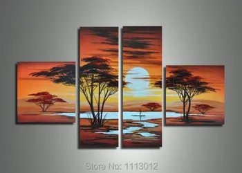 

Africa Abstract Yellow Sunset Lake Oil Painting Hand Painted 4 Panel Arts Set Home Decor Modern Wall Picture For Living Room