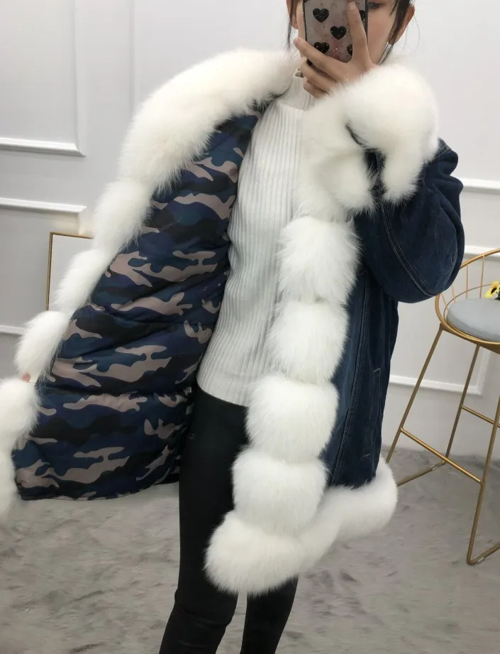 white Джинсовая парка шуба из натурального Лисьего меха, зимняя женская куртка с воротником из натурального Лисьего меха, толстая теплая парка из меха кролика Рекс, Новинка - Цвет: white