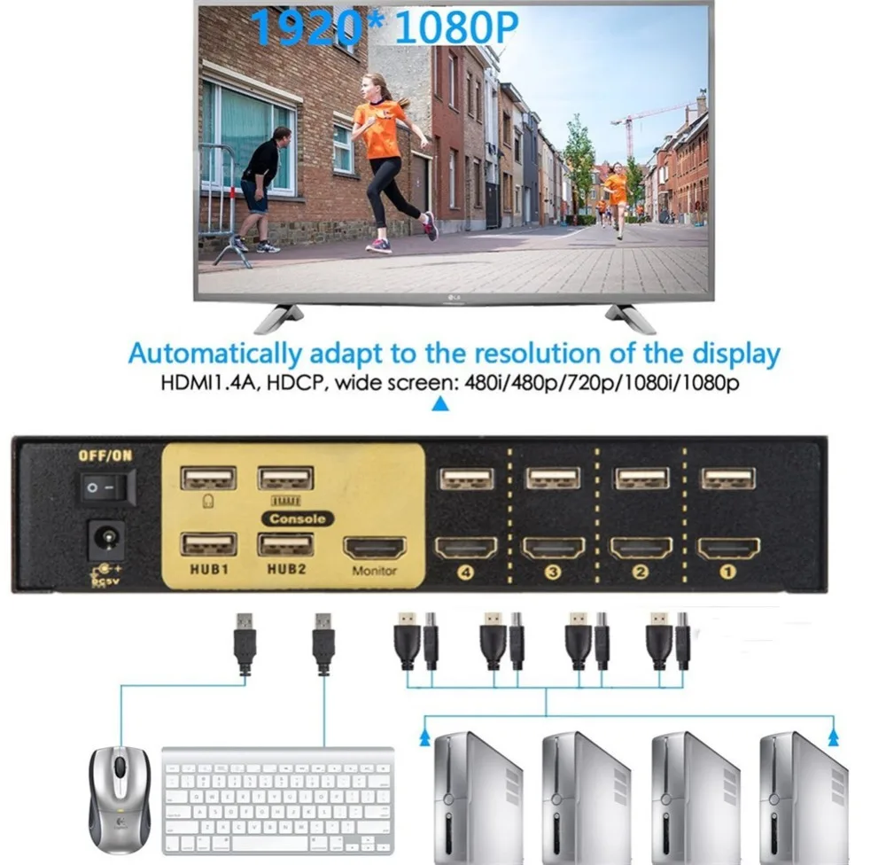 USB HDMI KVM переключатель, концентратор мультикомпьютер 4 порта 4 в 1 переключатель автоматический переключатель сканирования 1080P 1,4 HDMI Версия