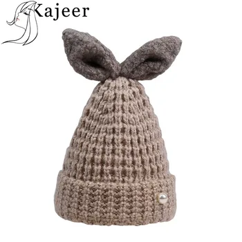 

Kajeer New Women Knitted Hat Rabbit Ears 2019 Winter Keep Warm Comfortable Crochet Ski Hat Braided Cap Youth High Quality Female
