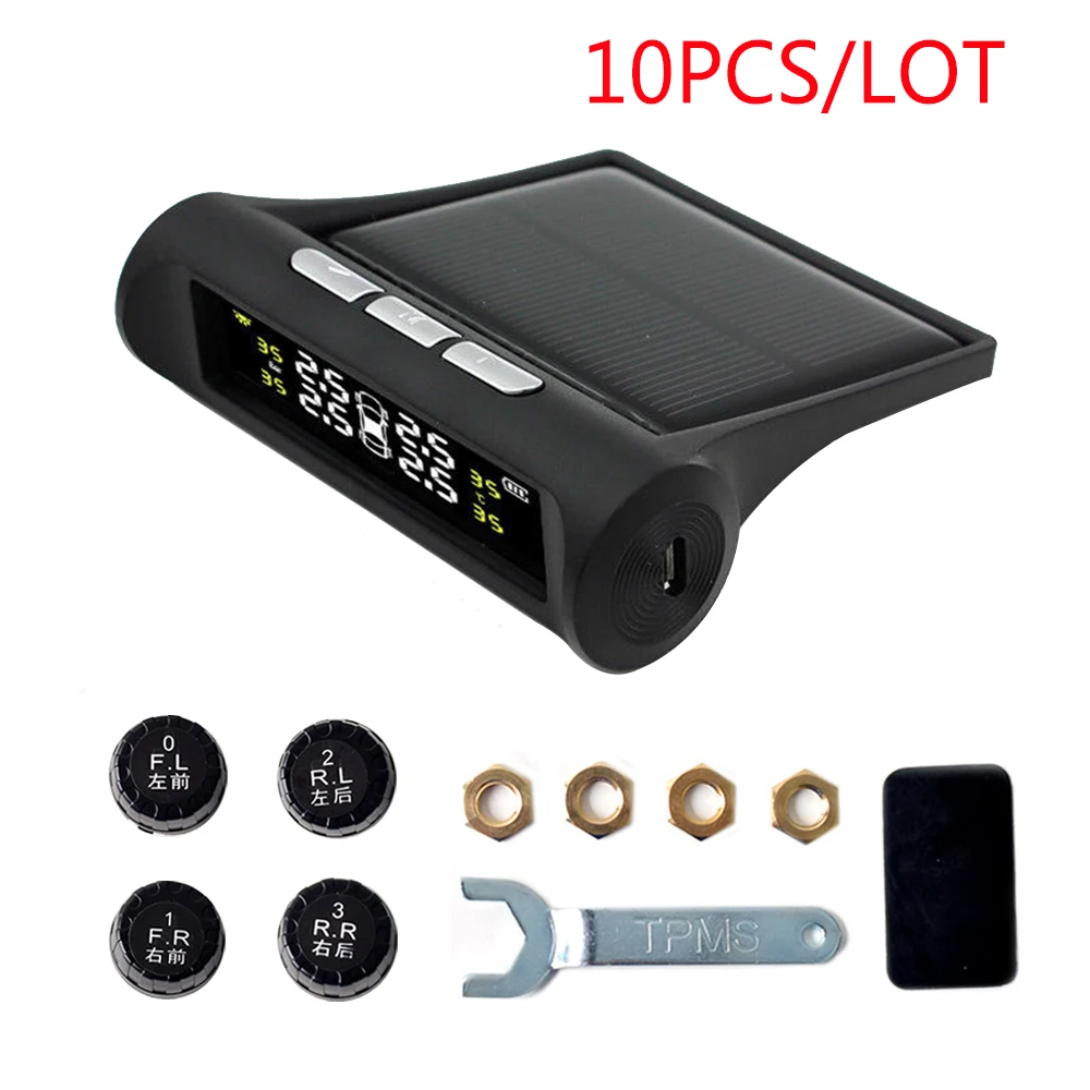 

10pcs Wireless Solar TPMS Tire Pressure Monitor System, LCD Monitor + 4 External Sensors Real-time Alarm Display Tires' Pressure