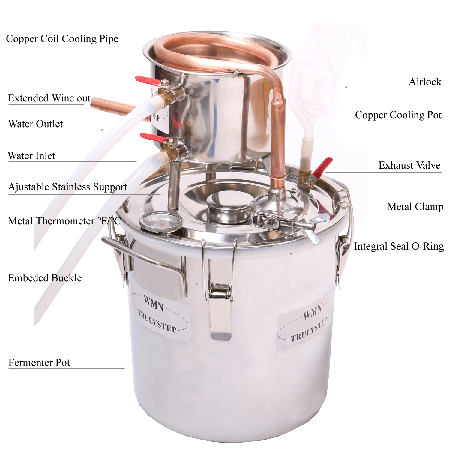 InLoveArts 8L Destilador de Agua Alcohol Cobre Kit de elaboración de vino Fermentador de Acero Inoxidable para con termómetros elaboración de Bebidas caseras 