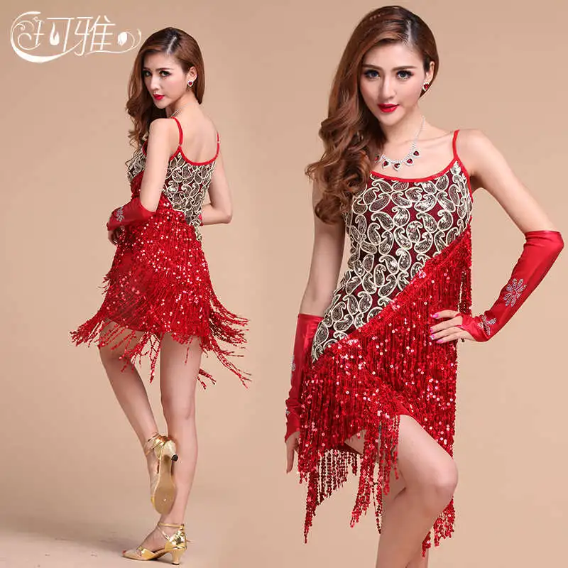 Latin dance dress performance wear adult tassel sequins women ballroom skirt