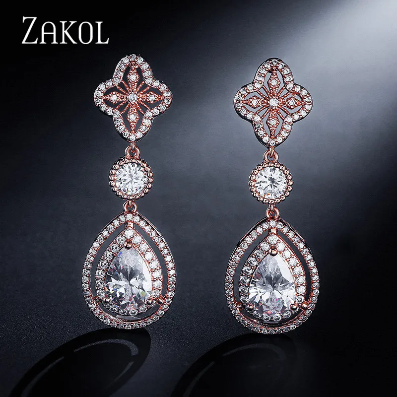 

ZAKOL New Fashion Cubic Zirconia Drop Earrings Clear Water Drop Rose Design Zirconia Long Dangle Earrings For Women FSEP2043