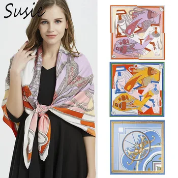 

Women Imitation Silk Summer Large Neck Scarf Twill Jacquard Abstract Pumpkin Carriage Square Beach Shawl Sunscreen Blanket Wrap