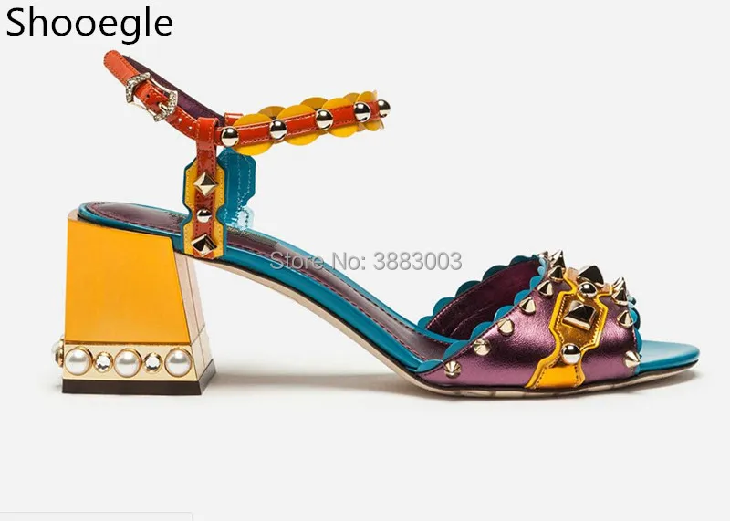 

Fashion peal around pyramid heel rivets stud women summer sandals Open Toe ankle buckle strap Thick High Heel shoes