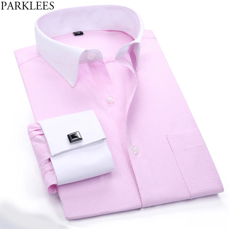 Pink French Cufflink Shirt Men Floral Jacquard Long Sleeve Male ...
