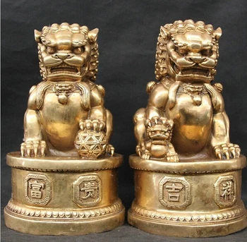 

ymying 1026++++++12" Brass Door Fu Foo Dog Guardion Lion Ball Son Auspicious Statue Pair