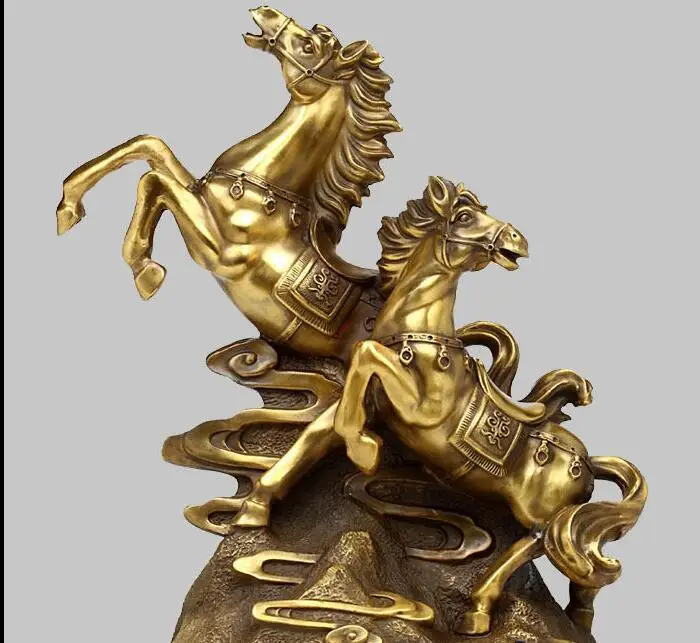 

free 18" China Feng shui Pure Bronze Zodiac Tow Double Horse Lucky Statue Figurine fast