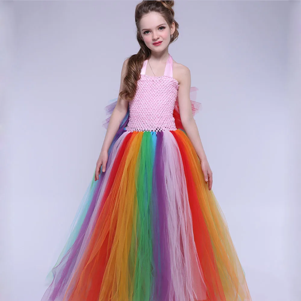 Girls Prom Pageant Dress Vestidos Handmade Rainbow Colorful Kids Girls